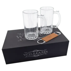 Lazerburst Beer Set with Two 14 oz. Mugs and One Rawhide Laserable Leatherette Bottle Opener