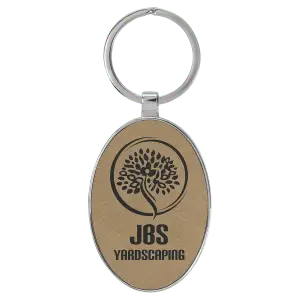 3" x 1 3/4" Laserable Leatherette/Metal Light Brown Oval Keychain