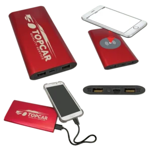 Red 8000MAH Power Bank & Wireless Anodized Aluminum Charger with USB-C Cord